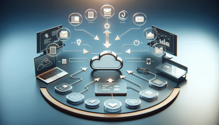 Ilustracja krok po kroku przesy?ania plików do chmury z ikonami i strza?kami na nowoczesnym interfejsie.