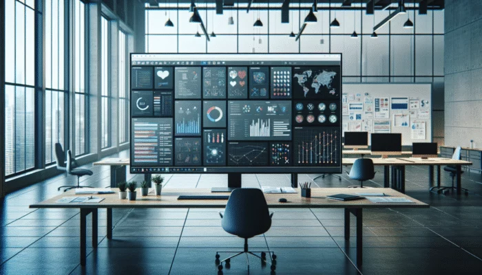 Monitor ultrawide w nowoczesnym biurze, wiele okien obok siebie, zwi?kszaj?cy produktywno??.