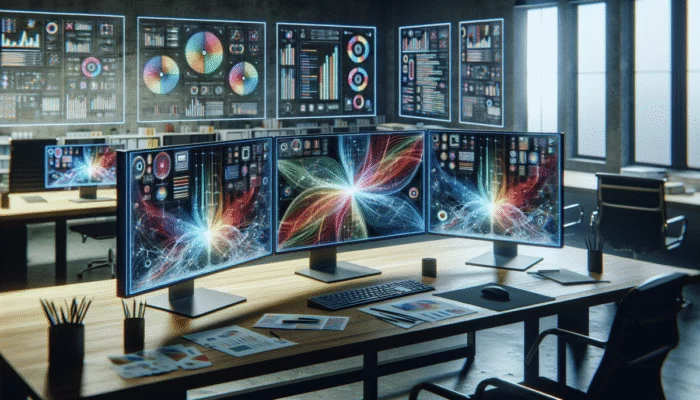 Nowoczesne biuro z wieloma monitorami ultrawide, zwi?kszaj?cymi produktywno?? i efektywno?? pracy.