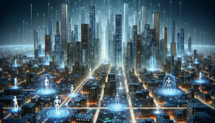 Futurystyczna panorama miasta z sieciami i robotami wspó?pracuj?cymi z ludźmi, pokazuj?ca integracj? informatyki i robotyki.