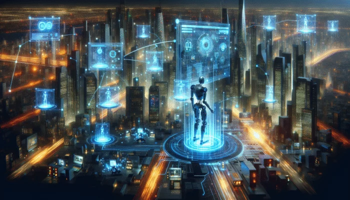 Futurystyczne miasto z sieciami komputerów i robotów, strumienie danych i zaawansowana technologia.