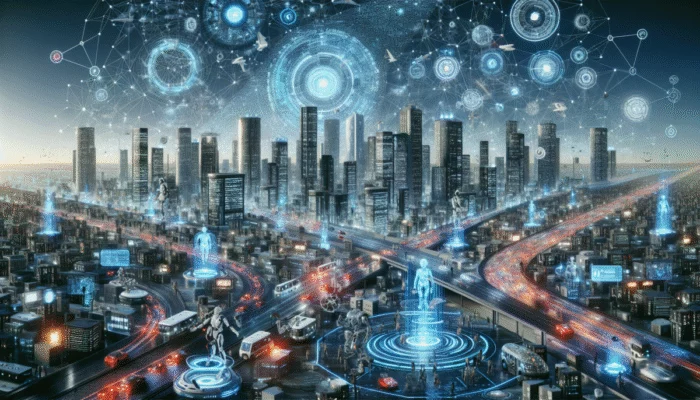 Futurystyczne miasto z sieciami danych i robotami wspó?pracuj?cymi z ludźmi, pokazuj?ce zastosowania i powi?zania informatyki i robotyki.