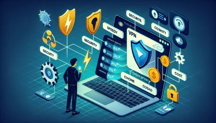 Użytkownik porównuje dostawców VPN na laptopie, analizuj?c szybko??, bezpiecze?stwo i koszt, z ikonami streamingu, gier i pobierania plików oraz symbolem zamka symbolizuj?cym szyfrowanie.