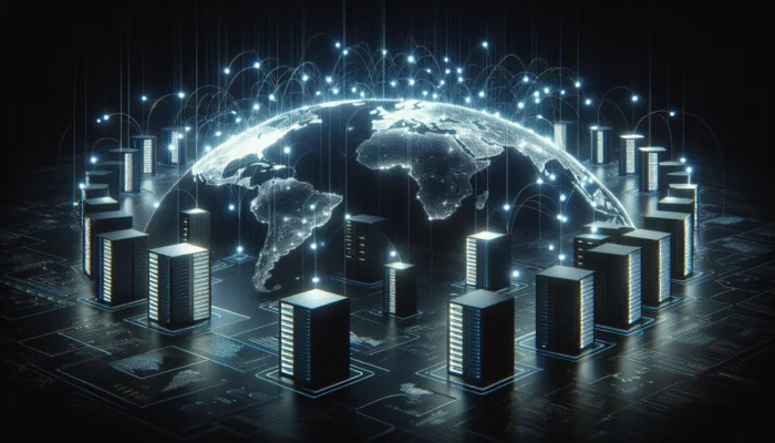 Bezpieczna sie? cyfrowa z serwerami na ?wiecie, po??czona liniami reprezentuj?cymi protoko?y OpenVPN, IKEv2 i L2TP/IPsec.