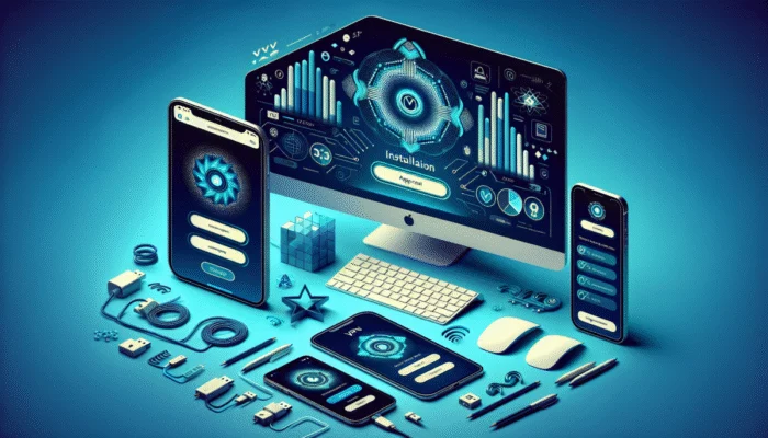 Instalacja aplikacji VPN na komputerze, smartfonie i tablecie z interfejsem użytkownika.