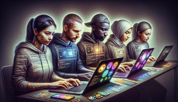 Grupa polskich programistów pracuj?cych na laptopach z różnymi systemami operacyjnymi: Windows, Linux i macOS.