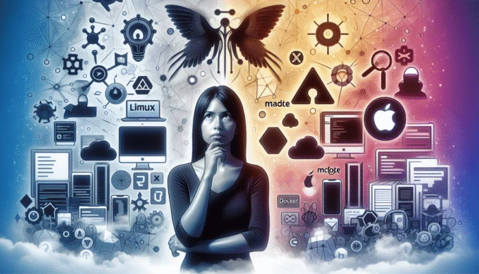 Programista wybiera mi?dzy Linuksem a macOS, otoczony narz?dziami do tworzenia stron internetowych i Xcode.