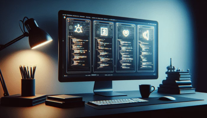 Programista wybiera edytor kodu na o?wietlonym ekranie, otoczony ksi?żkami i kaw?.