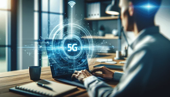 Osoba pracuj?ca zdalnie na laptopie z holograficznym symbolem sieci 5G w nowoczesnym biurze domowym.