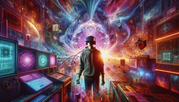 Osoba w goglach VR, zanurzona w grze na komputerze, otoczona futurystycznym cyfrowym ?rodowiskiem o żywych kolorach.