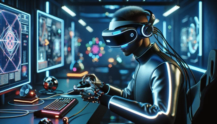 Osoba w goglach VR, zanurzona w grze na komputerze, otoczona futurystycznym sprz?tem z neonowymi ?wiat?ami.