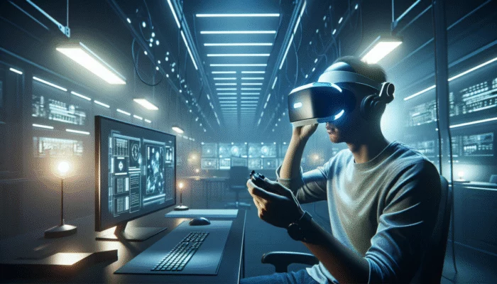 Osoba w goglach VR, gra na komputerze, futurystyczna grafika, nowoczesne wyposażenie, s?abo o?wietlony pokój.