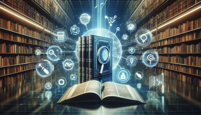 Przewodnik do bada? internetowych z lup? i ikonami cyfrowymi na tle futurystycznej biblioteki z danymi.