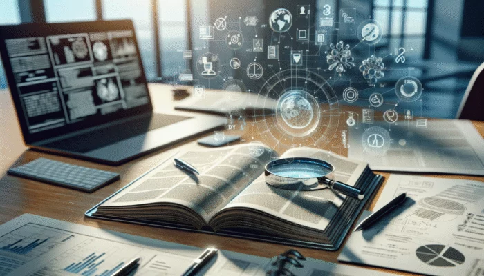 Przewodnik do bada? naukowych w internecie z lup? i ikonami cyfrowymi na biurku z laptopem i papierami.