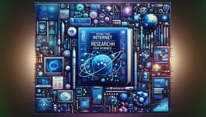 Kolorowa ok?adka przewodnika z tytu?em "Skuteczny Przewodnik do Internetu Bada? Naukowych", ikonami narz?dzi naukowych i urz?dze? cyfrowych na futurystycznym niebieskim tle.