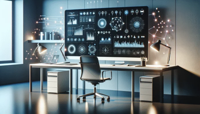 Nowoczesne stanowisko komputerowe z urz?dzeniami IoT, wy?wietlaj?ce wymagania systemowe i wykresy wydajno?ci w minimalistycznym biurze.