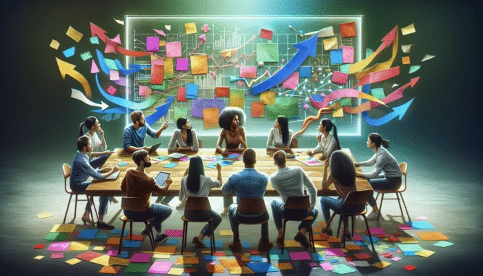 Zespó? analizuje zależno?ci projektowe przy użyciu wykresu Gantta i notatek.