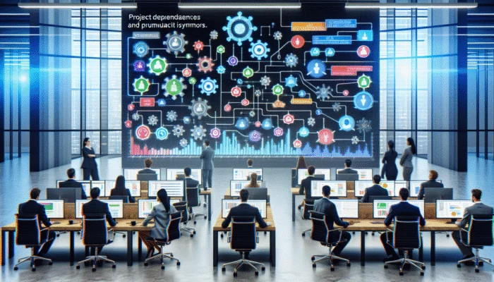 Zespó? menedżerów projektów w nowoczesnym biurze monitoruje cyfrow? tablic? zależno?ci i post?pów projektu.
