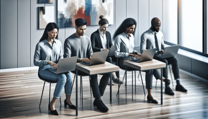 Zespó? projektowy pracuj?cy na laptopach, korzystaj?cy z narz?dzi komunikacyjnych w nowoczesnym biurze.