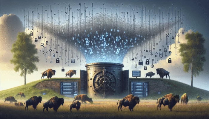 Ilustracja anonimizacji danych w AI, strumienie zaszyfrowanych danych p?yn?ce do bezpiecznego sejfu, symbolizuj?ce ochron? prywatno?ci w systemach AI w Polsce.