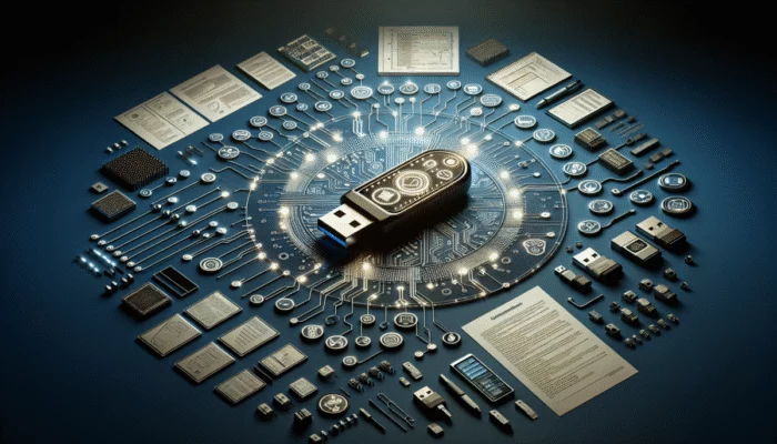 Pendrive z ikonami instalacji oprogramowania, wzór obwodu i strony manualu na ciemnoniebieskim tle z mi?kkimi promieniami ?wiat?a.