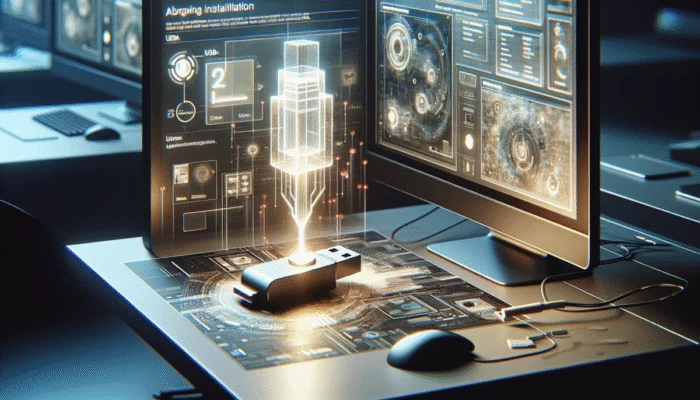 Pendrive pod??czony do komputera, interfejs instalacji oprogramowania, otoczenie technicznych wskazówek w nowoczesnym miejscu pracy.