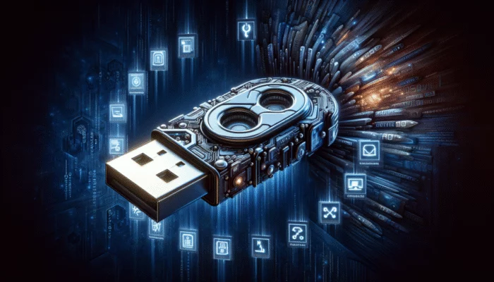 Pendrive z ikonami instalacji oprogramowania na ciemnym, futurystycznym tle z kodem binarnym.