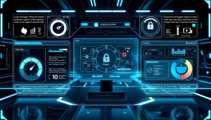 Futurystyczny interfejs cyfrowy prezentuj?cy różne przegl?darki internetowe z wskaźnikami szybko?ci, funkcji bezpiecze?stwa i wsparcia nowoczesnych technologii.