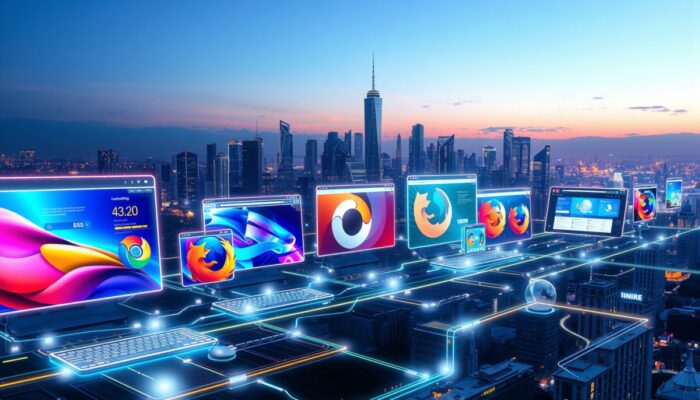 Futurystyczny krajobraz cyfrowy z nowoczesnymi interfejsami przegl?darek internetowych, po??czonymi ?wiec?cymi strumieniami danych, w tle zachód s?o?ca nad miastem.