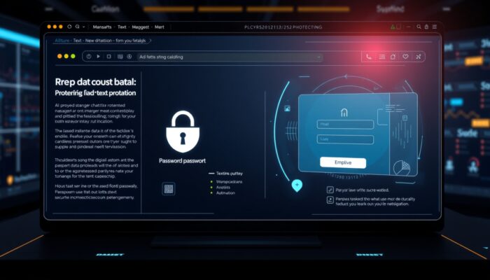Futurystyczny interfejs przegl?darki internetowej z zaawansowanymi funkcjami ochrony danych, w tym menedżerem hase? opartym na AI i inteligentnym blokowaniem ciasteczek.