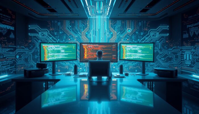 Programista przy nowoczesnym biurku z wieloma monitorami wy?wietlaj?cymi kolorowy kod i interfejsy cyfrowe, w otoczeniu artystycznych elementów technologicznych.