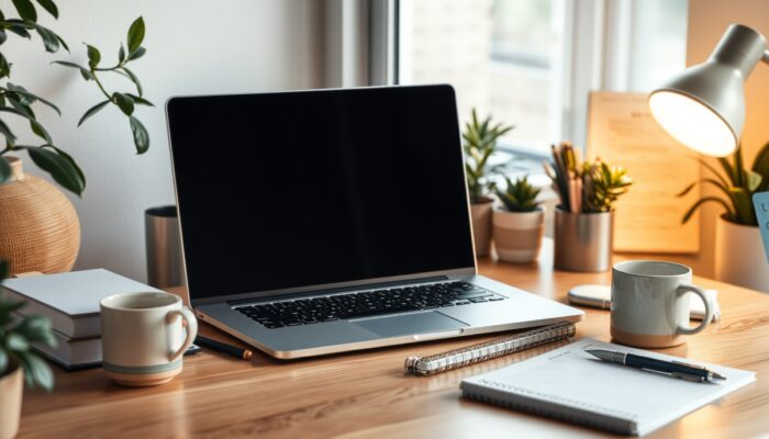 Przytulne biuro domowe z uporz?dkowanym biurkiem, laptopem, plannerem i kubkiem kawy, otoczone zieleni? i ciep?ym o?wietleniem, symbolizuj?ce produktywno?? i komfort w pracy zdalnej.