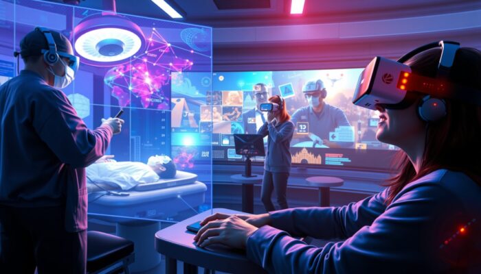 Futurystyczna scena ilustruj?ca zastosowania rzeczywisto?ci wirtualnej w medycynie, edukacji i grach komputerowych, z chirurgiem ?wicz?cym na holograficznym pacjencie, uczniami korzystaj?cymi z interaktywnego nauczania oraz graczami zanurzonymi w akcji.