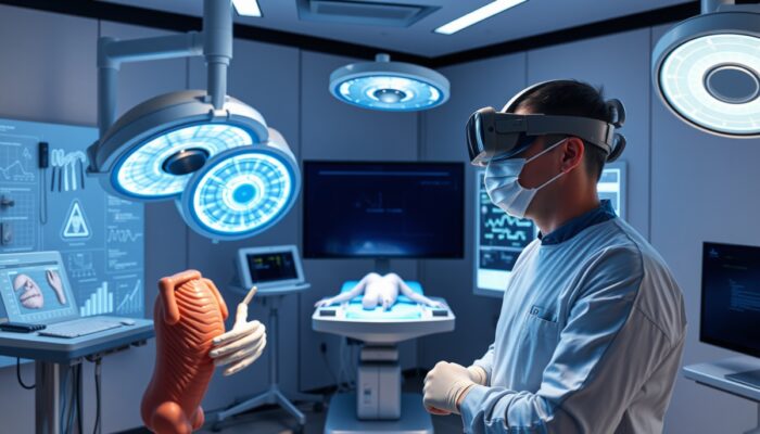 Futurystyczna sala operacyjna z chirurgiem w goglach VR, otoczonym holograficznymi narz?dziami chirurgicznymi i modelami anatomicznymi, podczas gdy praktykant ?wiczy skomplikowan? procedur? w symulowanym ?rodowisku.