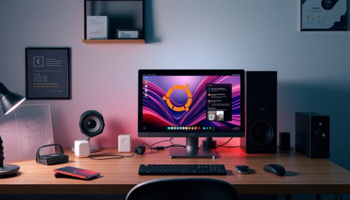 Nowoczesne stanowisko komputerowe z desktopem o procesorze 2 GHz, 4 GB RAM, szybkim dyskiem SSD i interfejsem Ubuntu, otoczone kompatybilnymi podzespo?ami.