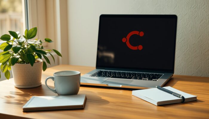 Przytulne biuro z laptopem z logo Ubuntu, kubkiem kawy, notatnikiem i doniczk? w ciep?ym, naturalnym ?wietle.