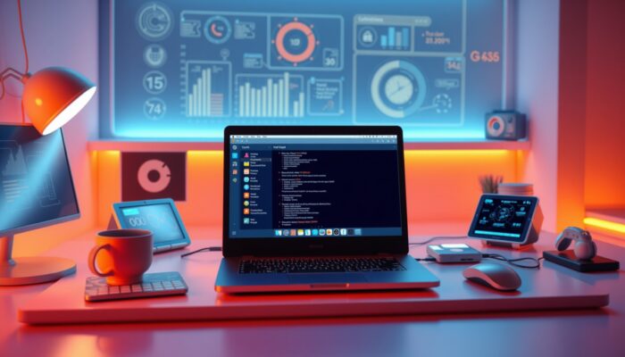 Nowoczesne biuro z laptopem dzia?aj?cym na Ubuntu, otoczonym ikonami aplikacji i interfejsem cyfrowym, podkre?laj?ce technologi? i produktywno??.