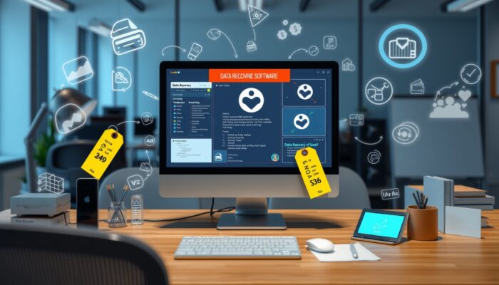 Ekran komputera z interfejsami różnych programów do odzyskiwania danych, z wyróżnionymi cenami i funkcjami, otoczony cyfrowymi elementami symbolizuj?cymi utrat? i odzyskiwanie danych w nowoczesnym biurze.