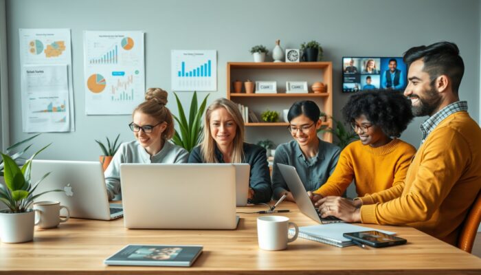 Zróżnicowany zespó? profesjonalistów pracuj?cych zdalnie w nowoczesnym biurze domowym, korzystaj?cych z narz?dzi do komunikacji wideo i czatu.