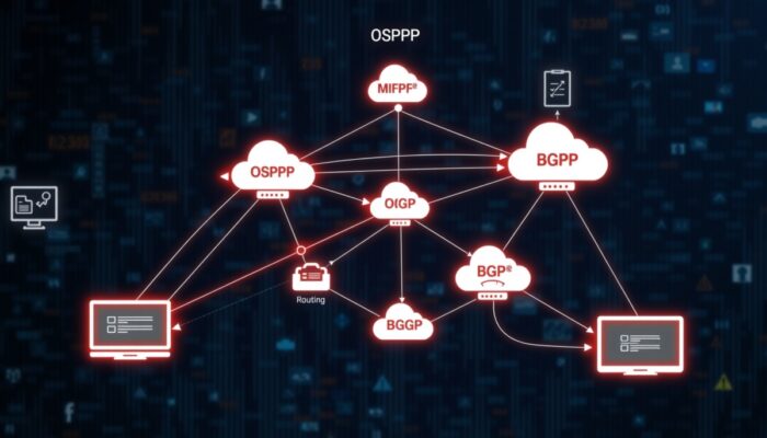 Diagram sieciowy przedstawiaj?cy różne protoko?y routingu, takie jak OSPF i BGP, z po??czonymi routerami, dynamicznymi ?cieżkami i wizualizacjami przep?ywu danych, symbolizuj?cy efektywno?? i niezawodno?? sieci.