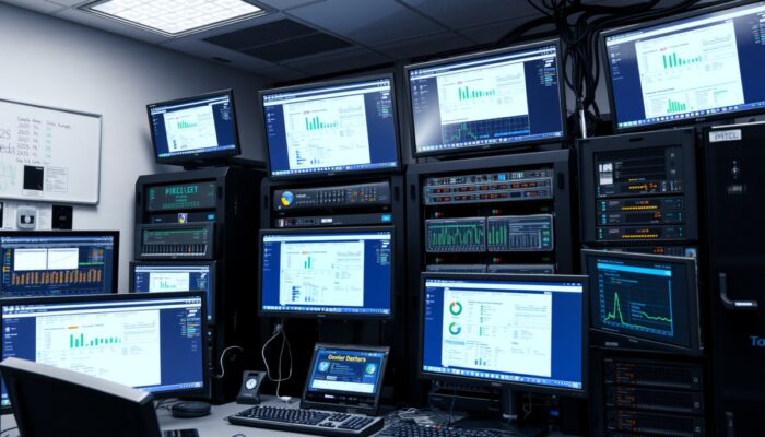 Administrator sieci zarz?dzaj?cy serwerowni? z komputerami, monitoruj?cym metryki wydajno?ci oraz systemami Windows i Linux w nowoczesnym biurze.