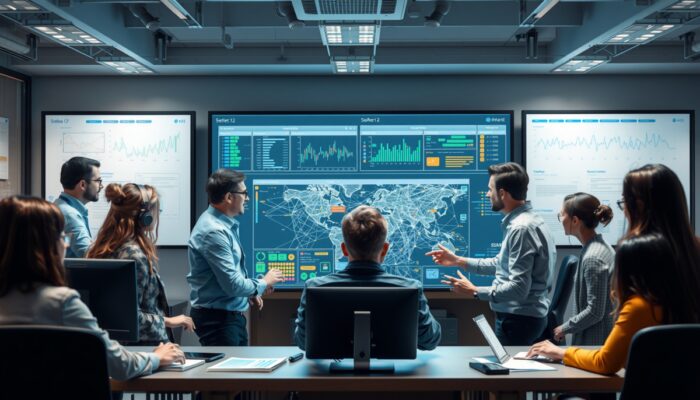 Profesjonali?ci wspó?pracuj?cy nad zarz?dzaniem sieci? w nowoczesnym biurze, z cyfrow? map? i monitorami pokazuj?cymi dane w czasie rzeczywistym.