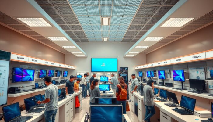 Wn?trze nowoczesnego sklepu z elektronik?, prezentuj?ce różnorodne laptopy i komputery stacjonarne, z klientami rozmawiaj?cymi z pracownikami oraz entuzjastami technologii przegl?daj?cymi pó?ki.