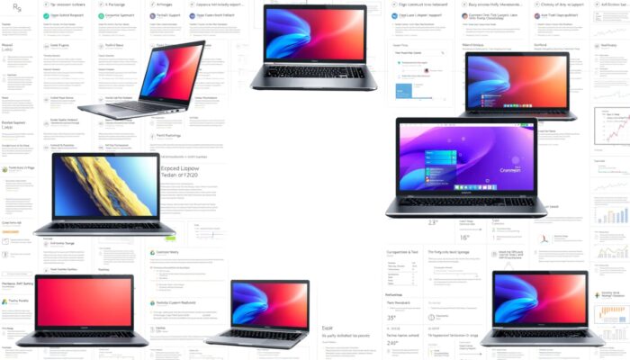 Kolaż różnych modeli laptopów, ilustruj?cy jako?? wykonania, wsparcie techniczne, ergonomiczn? klawiatur? i wydajno?? multimedialn?, z t?em recenzji użytkowników.