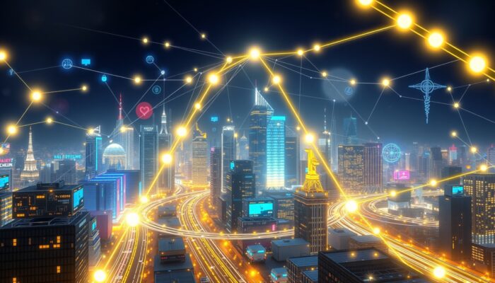 Futurystyczny krajobraz miasta z po??czonymi sieciami cyfrowymi symbolizuj?cymi technologi? blockchain, z elementami reprezentuj?cymi finanse, logistyk? i zdrowie, podkre?laj?cy efektywno?? i bezpiecze?stwo w nowoczesnym ?rodowisku technologicznym.