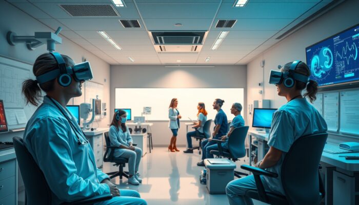 Futurystyczna sala szkoleniowa dla personelu medycznego z goglami VR, sprz?tem medycznym i różnorodnymi studentami medycyny angażuj?cymi si? w symulacje kliniczne.