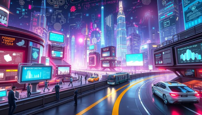 Futurystyczny krajobraz miasta z zaawansowan? technologi? sztucznej inteligencji, autonomiczne roboty w interakcji z ludźmi, cyfrowe ekrany z analiz? danych i inteligentne systemy transportowe pod kolorowym nocnym niebem z holograficznymi wy?wietlaczami.