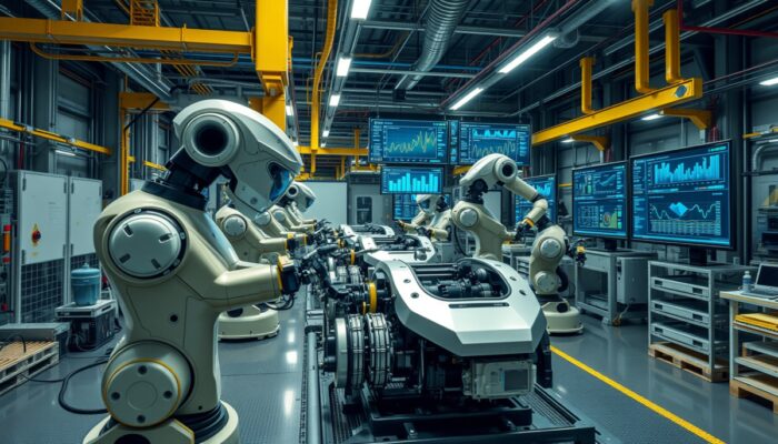 Nowoczesny zak?ad produkcyjny z zaawansowanymi robotami i systemami AI, w którym roboty montuj? cz??ci samochodowe, a ekrany wy?wietlaj? analizy danych w czasie rzeczywistym.