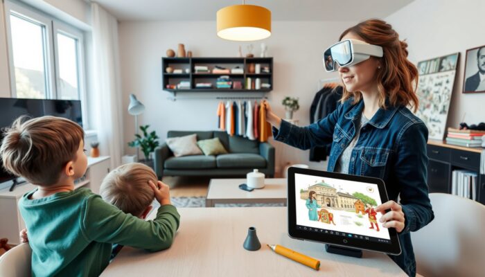M?oda kobieta w nowoczesnym polskim domu używa AR do przymierzania ubra? i aranżacji mebli, dzieci eksploruj? historyczne miejsca na tablecie.