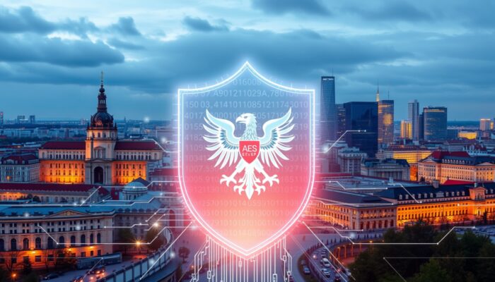 ?wiec?ca tarcza cyfrowa otaczaj?ca strumienie kodu, z symbolami AES i or?em polskim, na tle panoramy Warszawy, symbolizuj?ca bezpieczn? ochron? danych pod RODO.